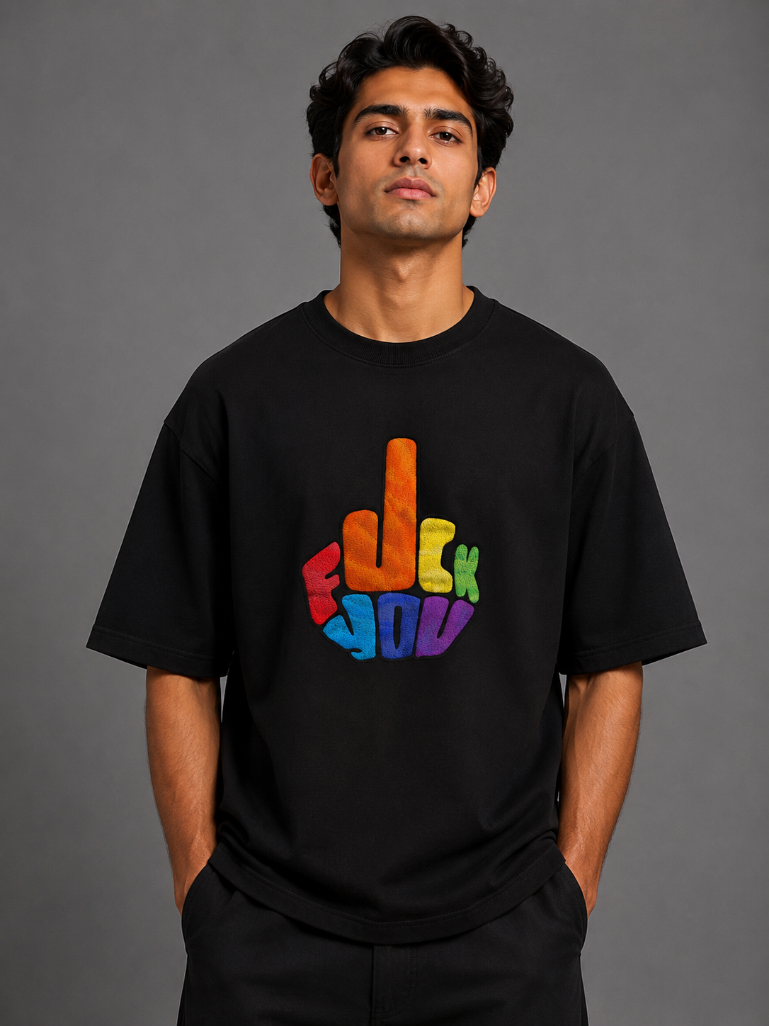 Rainbow F-You Embroidered Oversized T-Shirt | Black