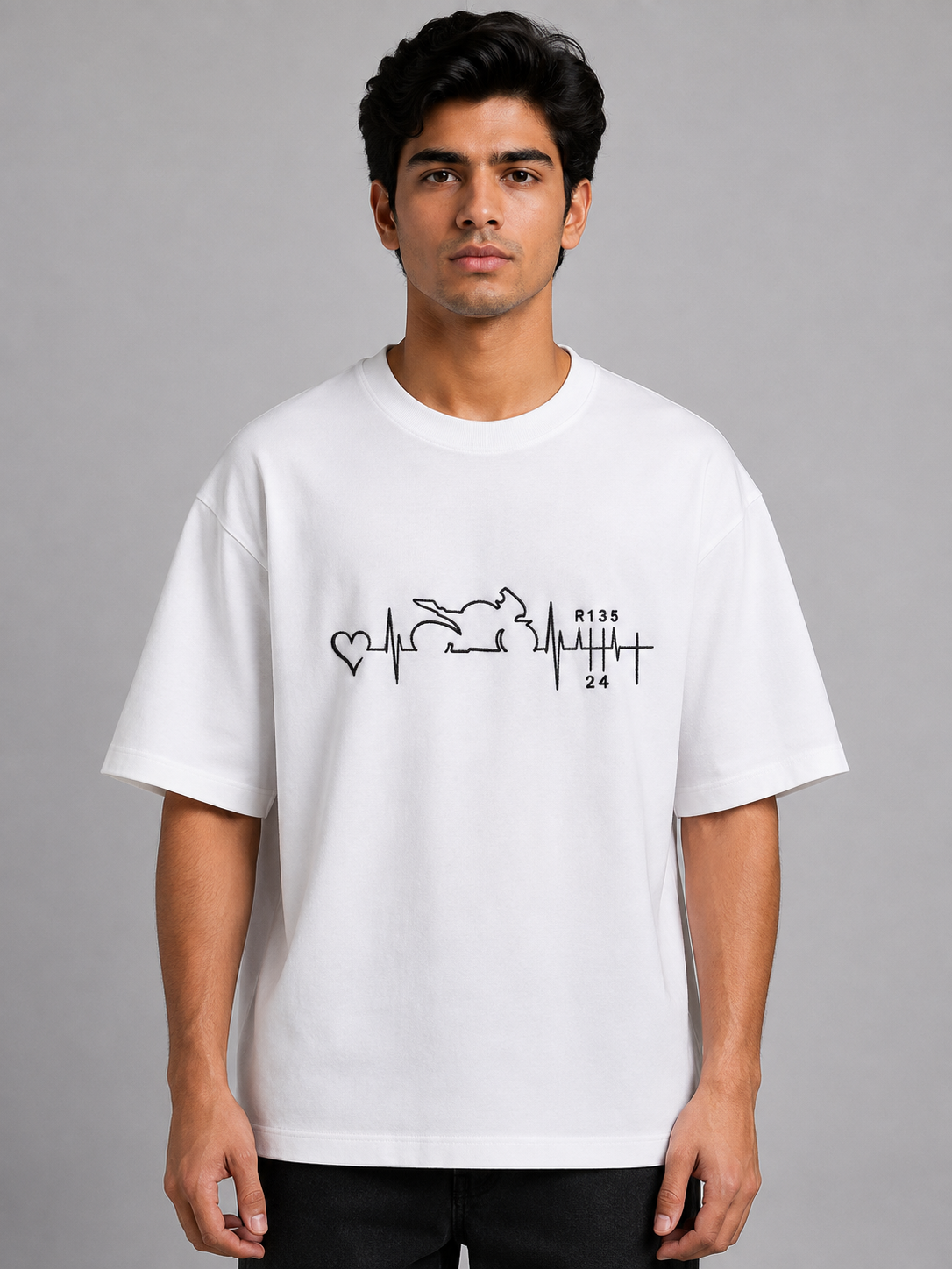 Biker Heartbeat Embroidered Oversized T-Shirt | White