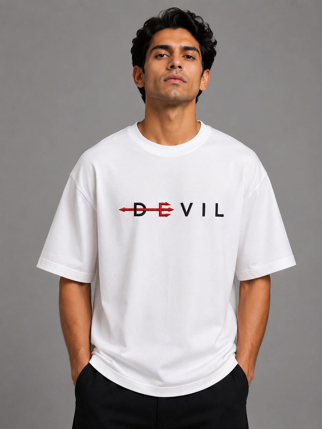 Devil Arrow Embroidered Oversized T-Shirt | White