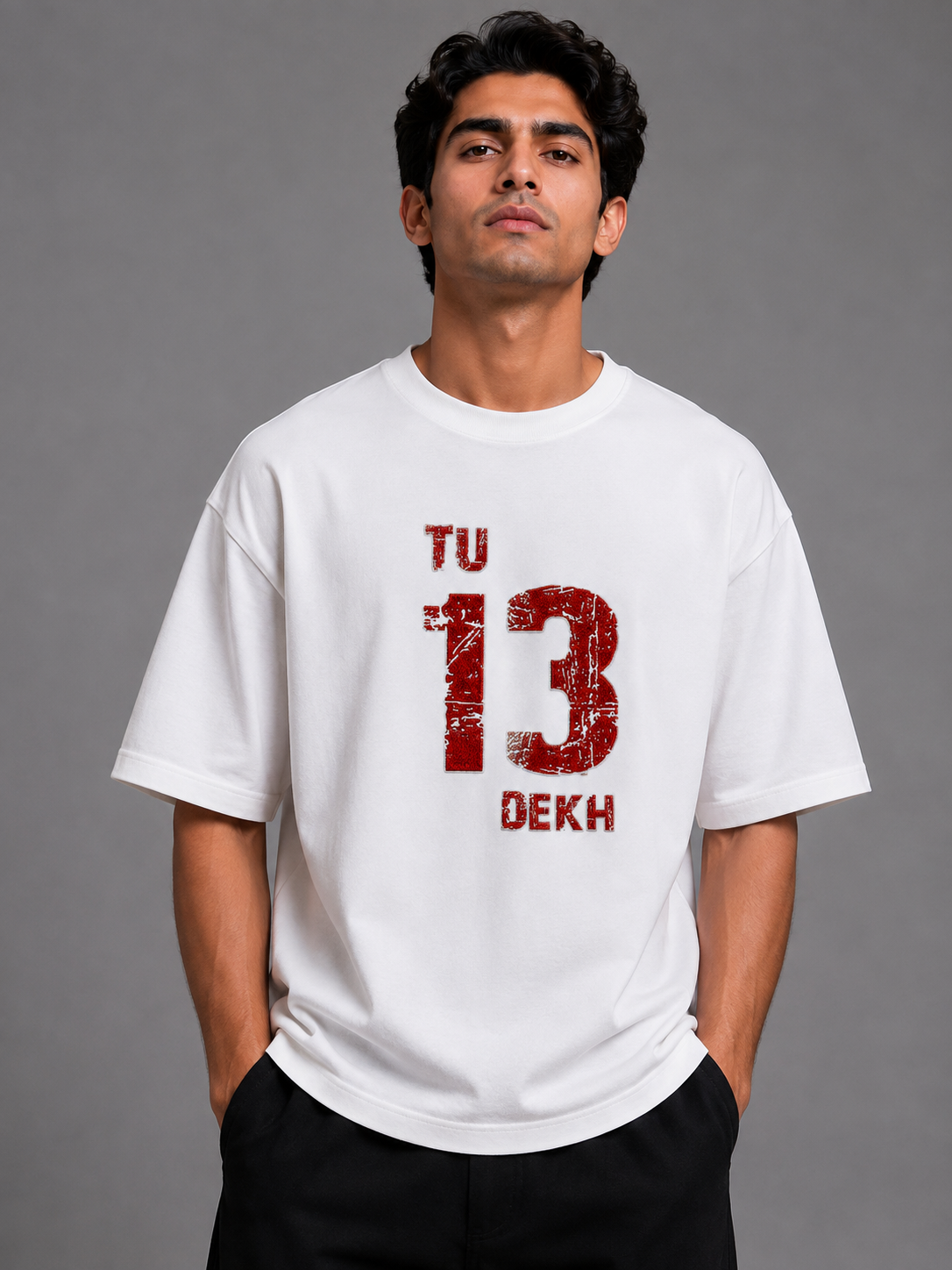 Tu 13 Dekh Embroidered Oversized T-Shirt | White