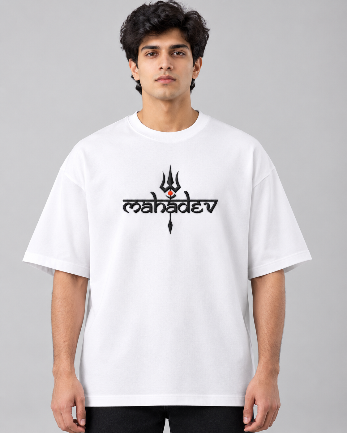 Mahadev Trishul Embroidered Oversized T-Shirt | White