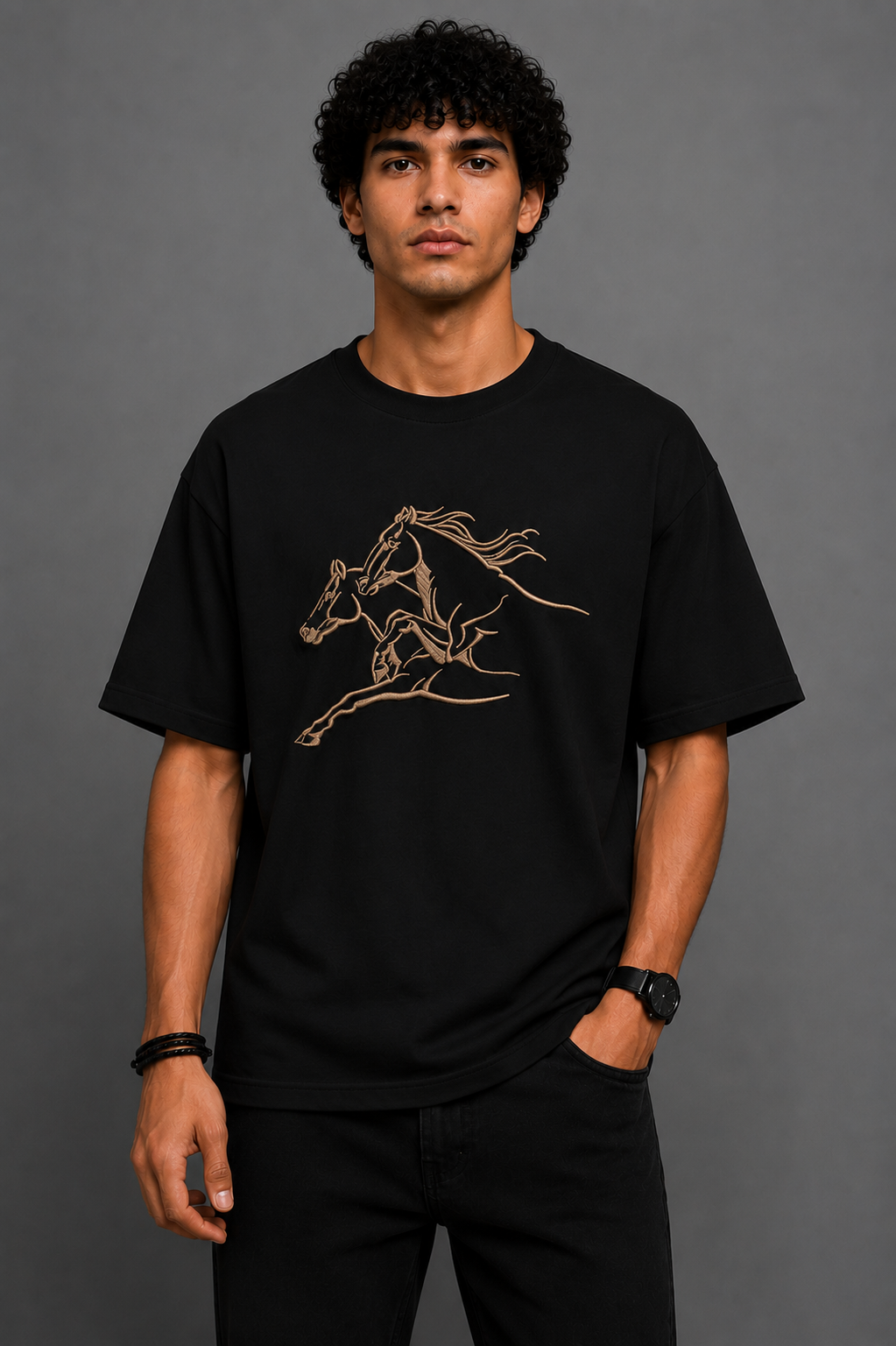 Running Horses Embroidered Oversized T-Shirt | Black