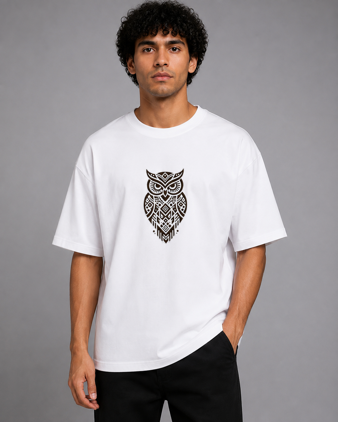 Aztec Owl Embroidered Oversized T-Shirt | White