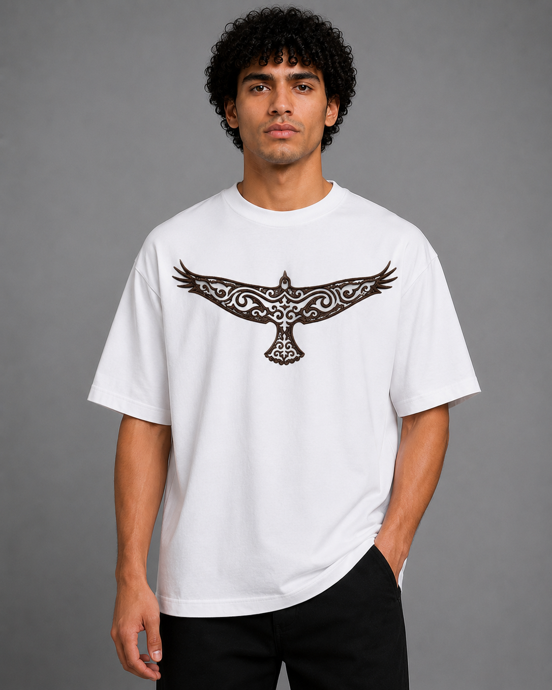 Ornamental Eagle Embroidered Oversized T-Shirt | White