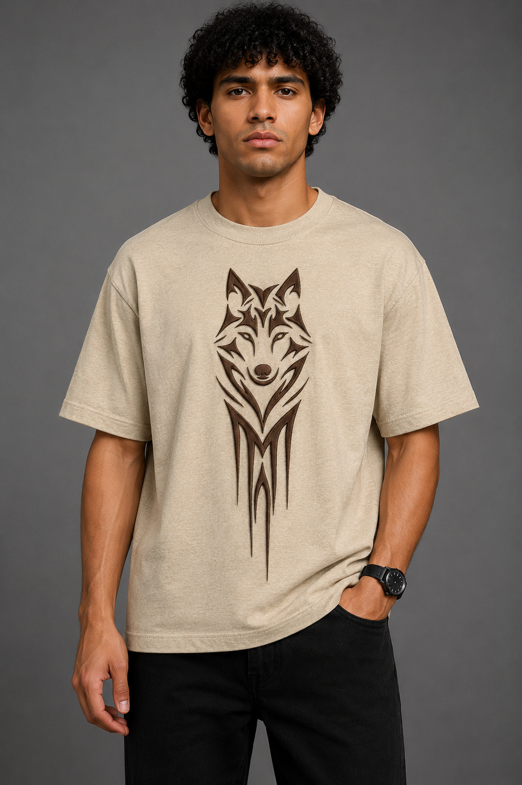 Tribal Wolf Embroidered Oversized T-Shirt | Beige