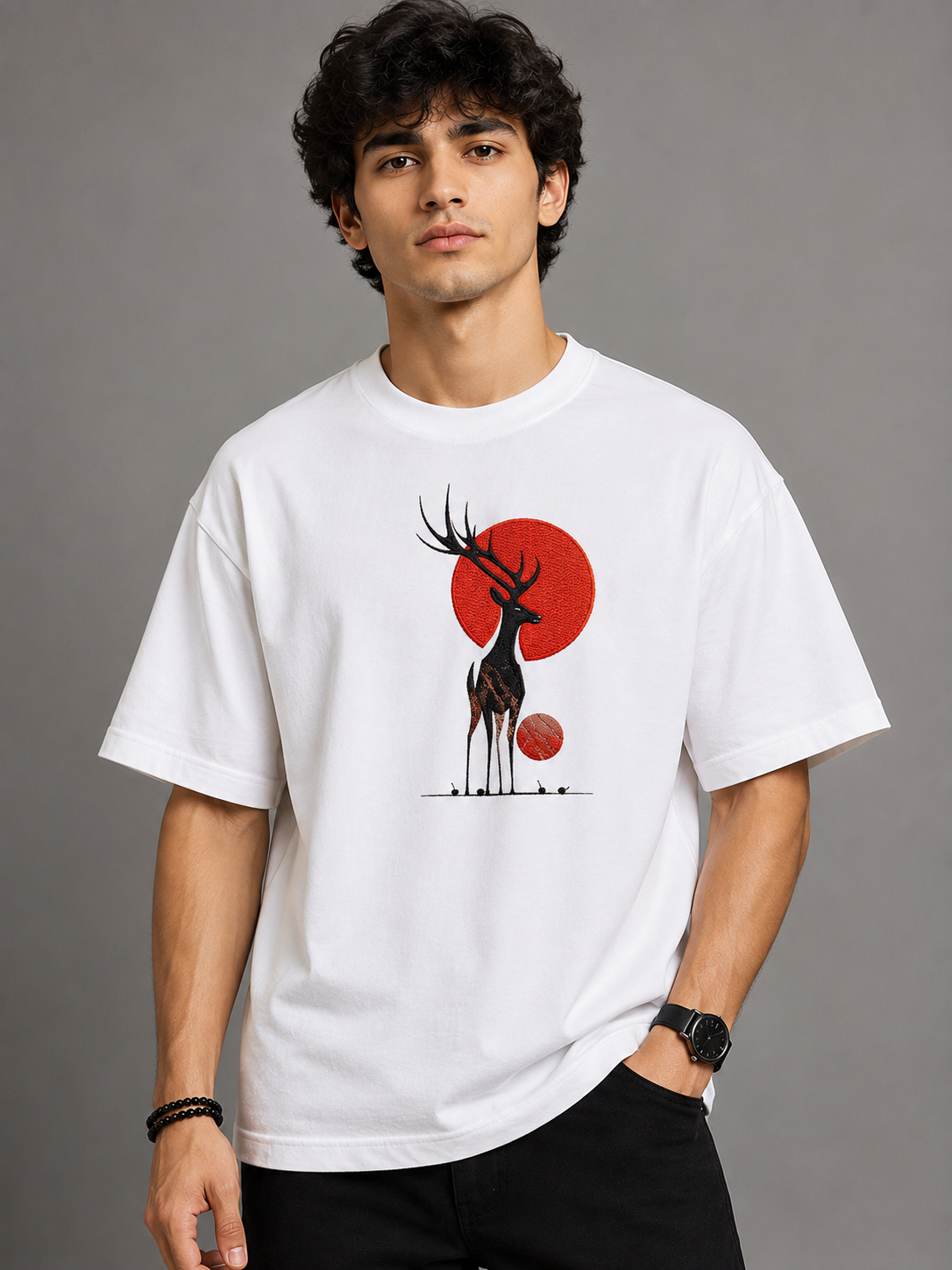 Crimson Sun Deer Embroidered Oversized T-Shirt | White