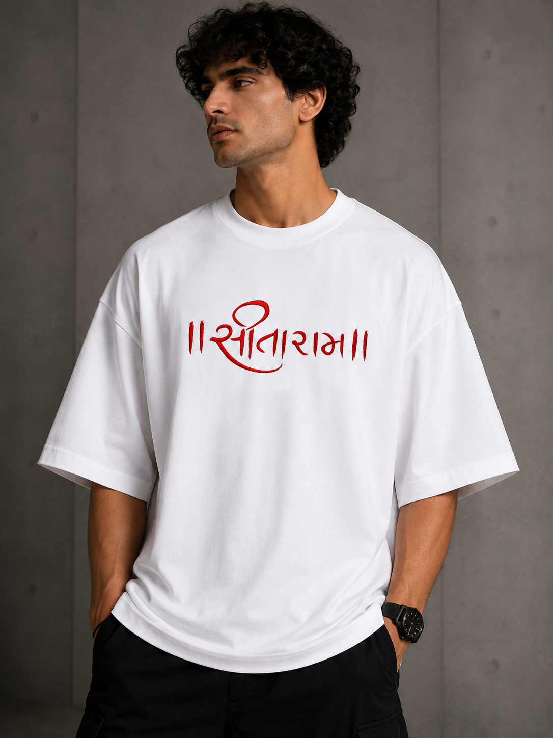 Sitaram Embroidered Oversized T-Shirt | White