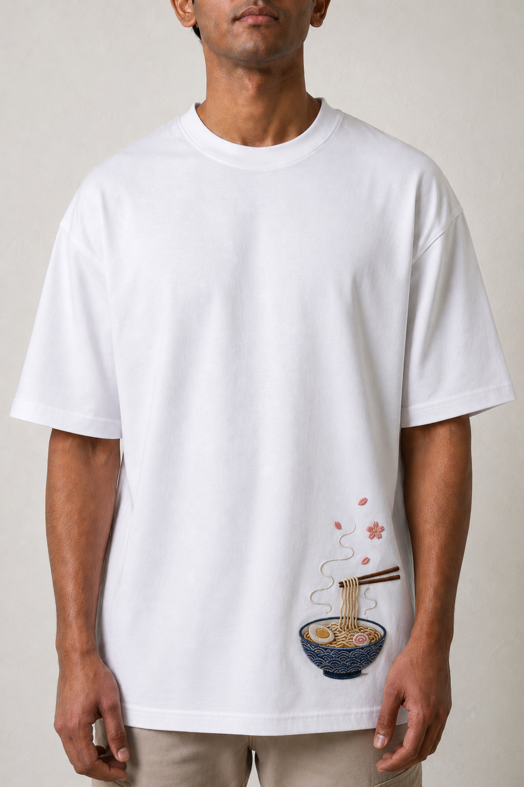 Sakura Ramen Embroidered Anime Oversized T-Shirt | White