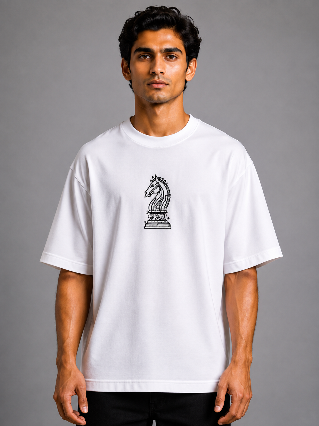 Chess Knight Embroidered Oversized T-Shirt | White
