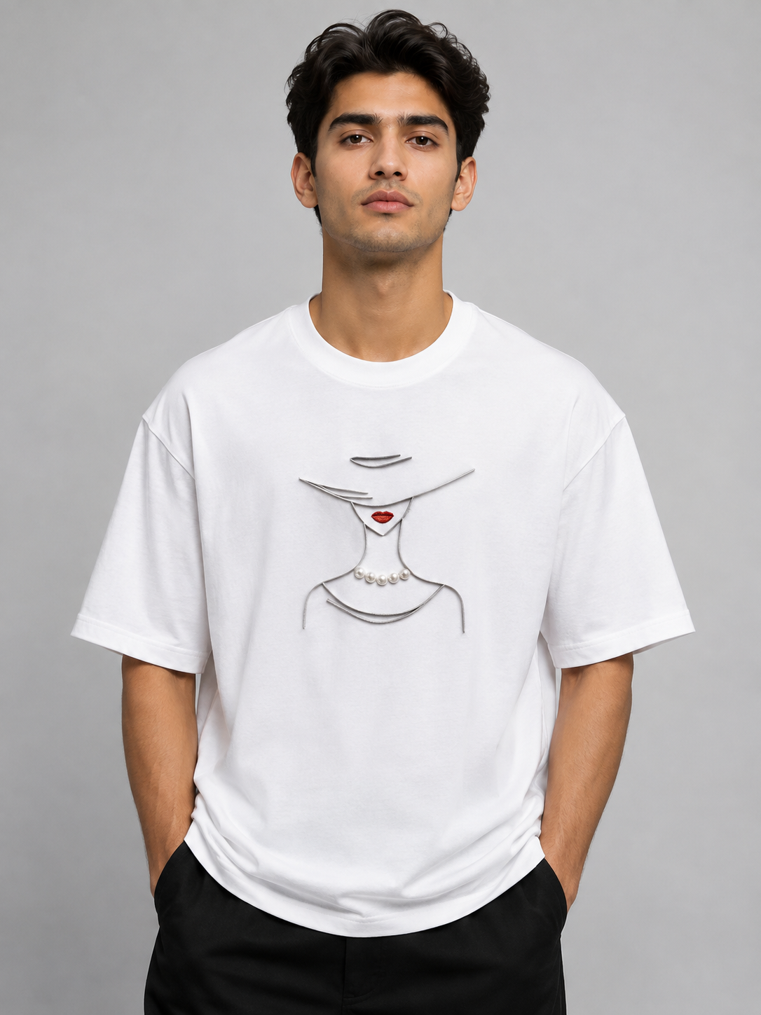 Pearl Lady Embroidered Oversized T-Shirt | White