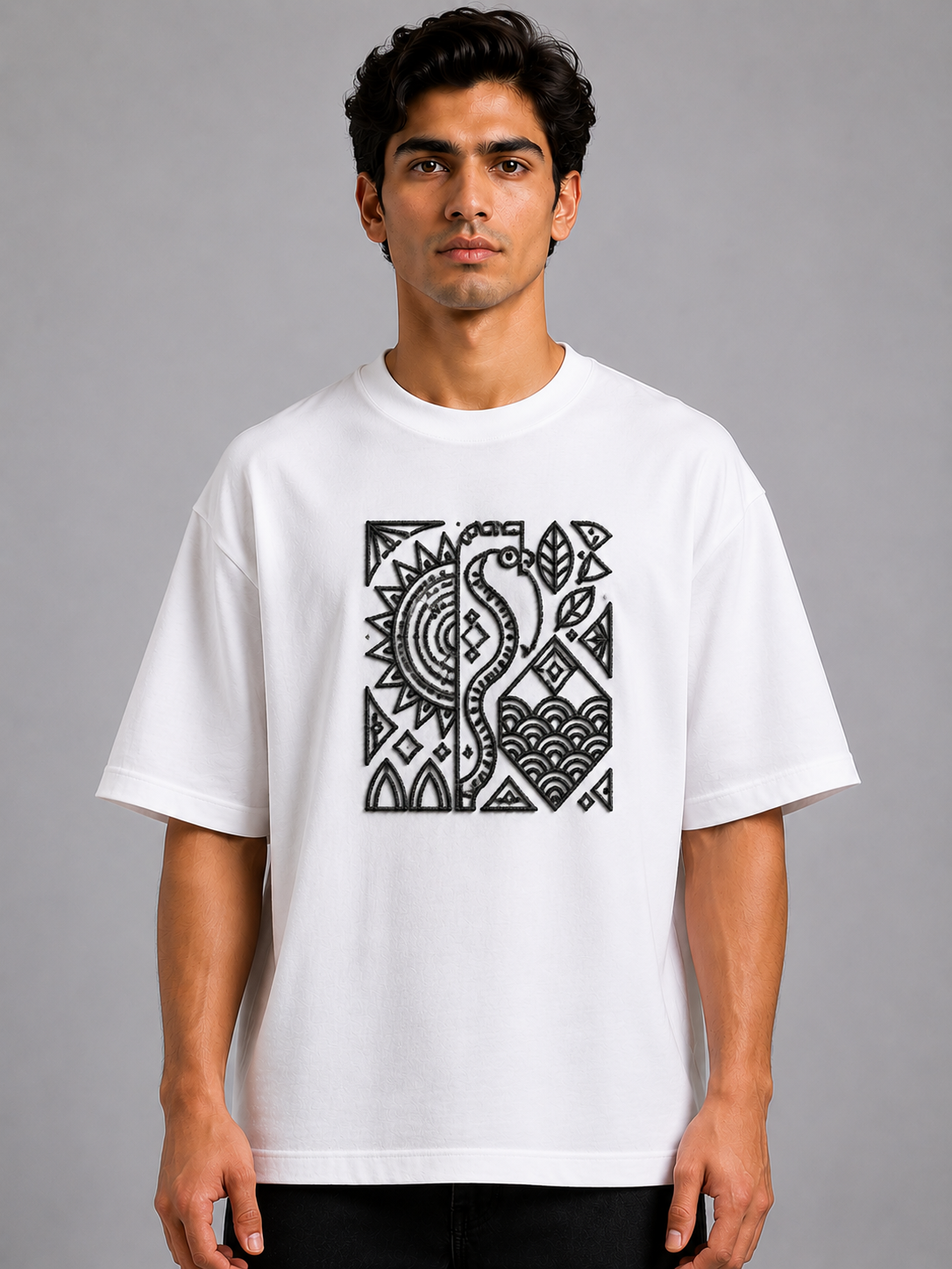 Sun & Swan Folk Panel Embroidered Oversized T-Shirt | White