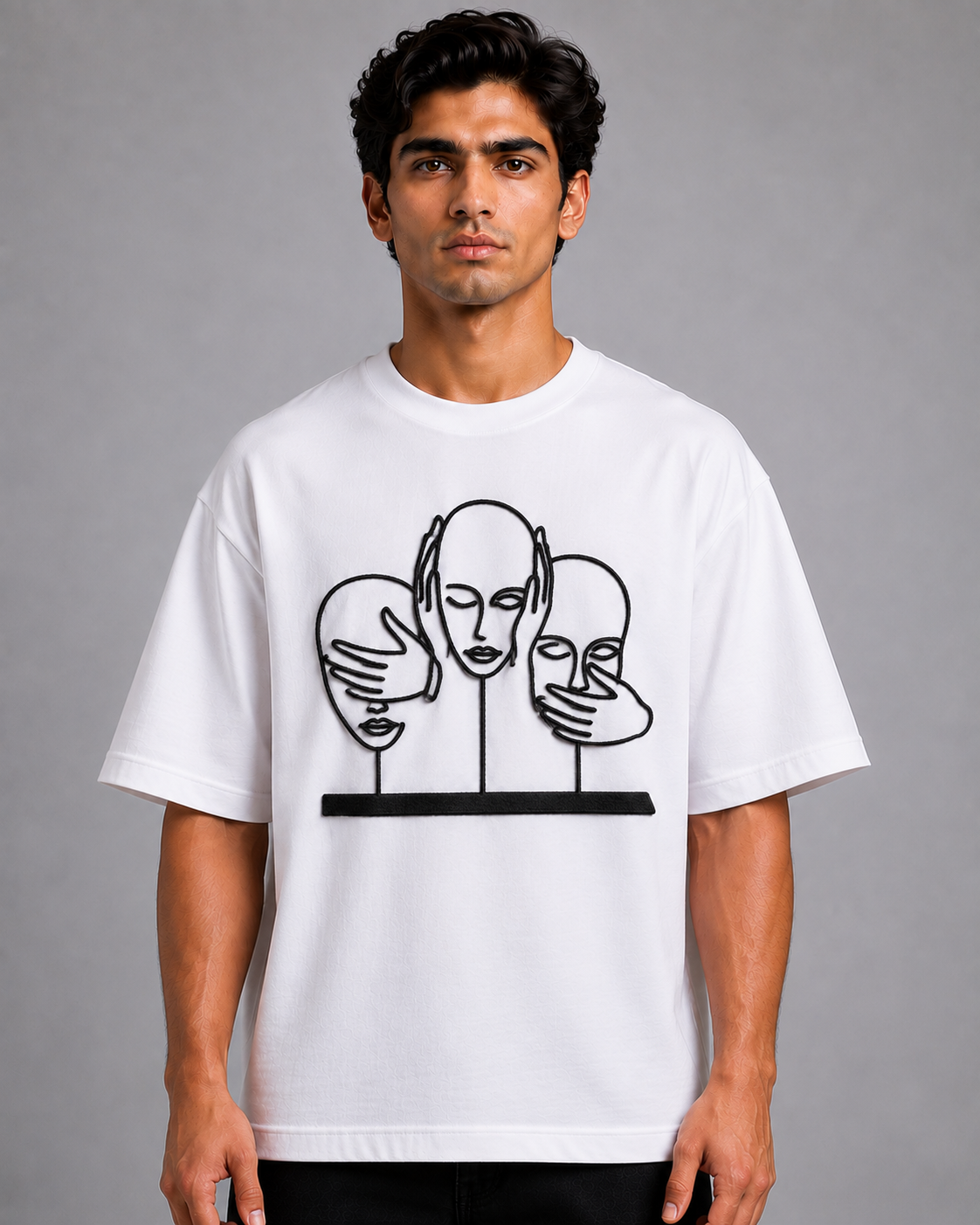 Three Wise Faces Embroidered Oversized T-Shirt | White