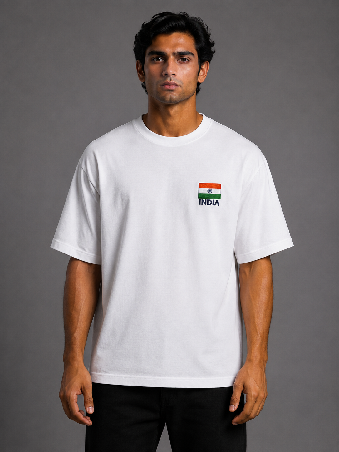 India Flag Patch Embroidered Oversized T-Shirt | White