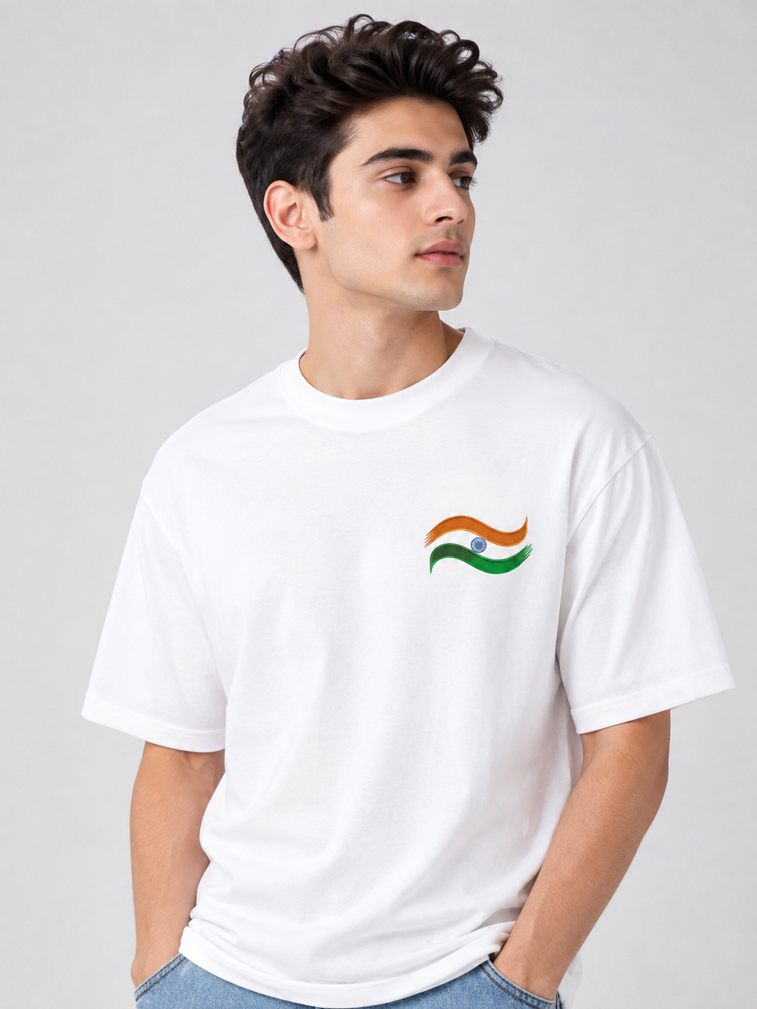 Tricolor Wave Embroidered Oversized T-Shirt | White