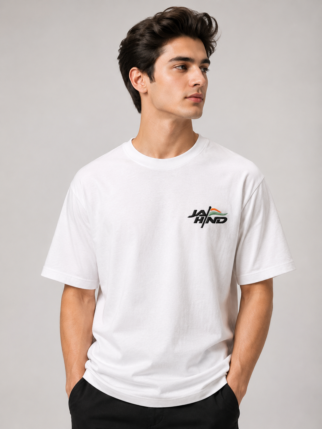 Jai Hind Flag Logo Embroidered Oversized T-Shirt | White