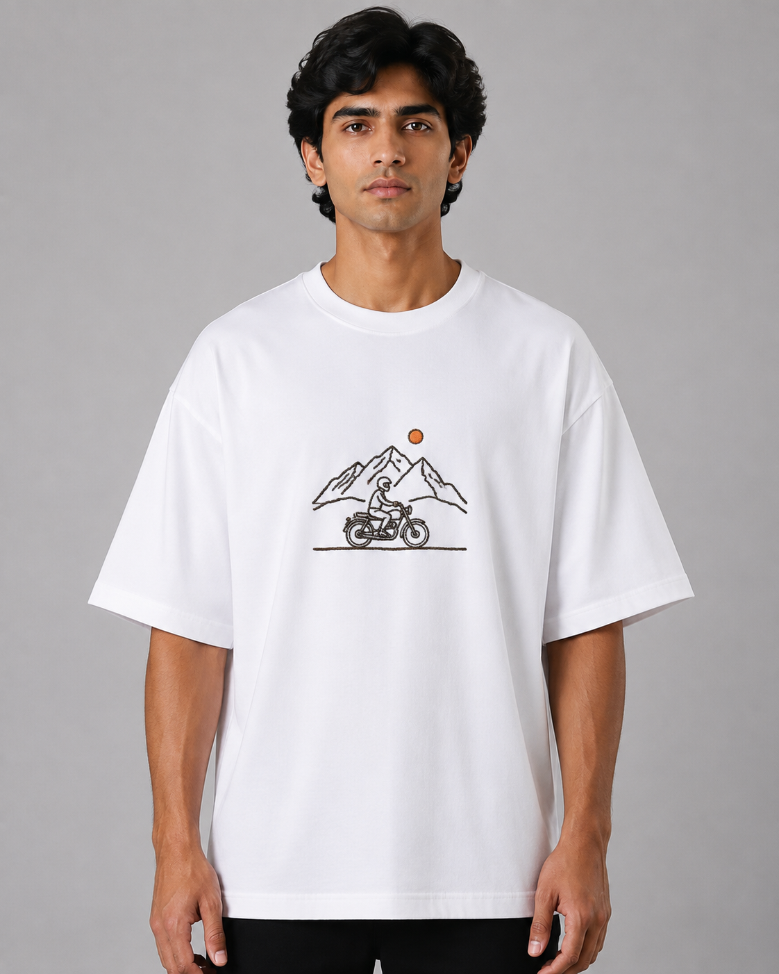 Mountain Rider Embroidered Oversized T-Shirt | White
