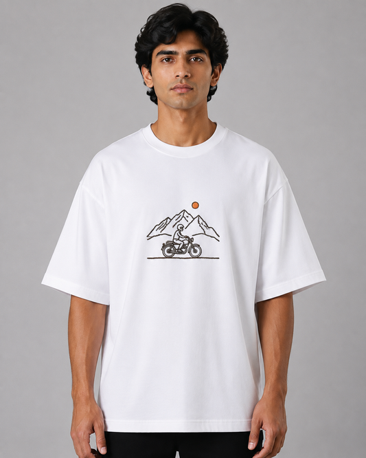 Mountain Rider Embroidered Oversized T-Shirt | White
