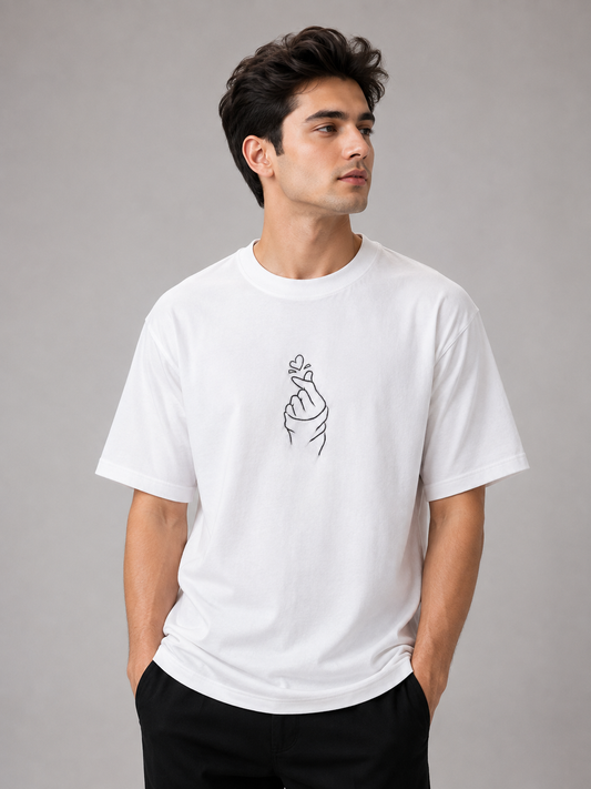 Finger Heart Embroidered Oversized T-Shirt | White