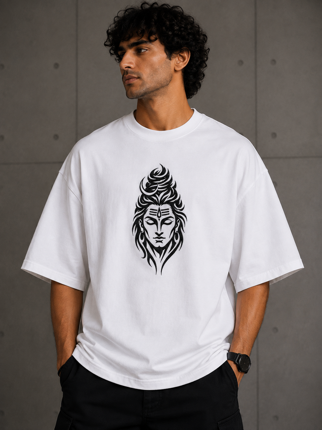 Mahadev Tribal Portrait Embroidered Oversized T-Shirt | White