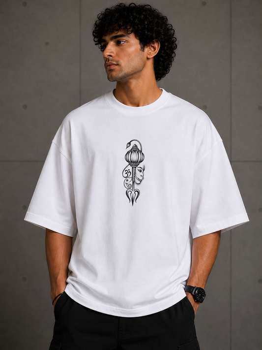 Hanuman Gada Om Embroidered Oversized T-Shirt | White
