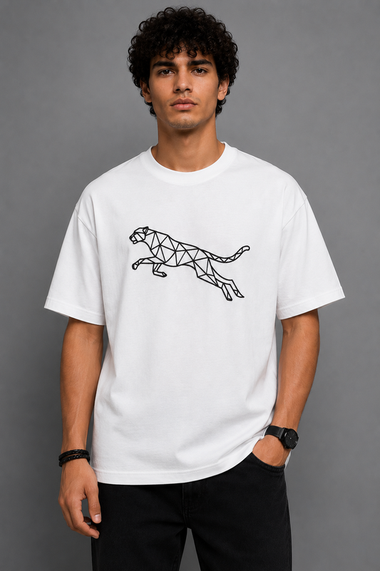 Geometric Cheetah Embroidered Oversized T-Shirt | White