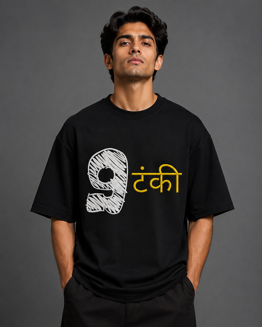 9 Tanki Embroidered Oversized T-Shirt | Black