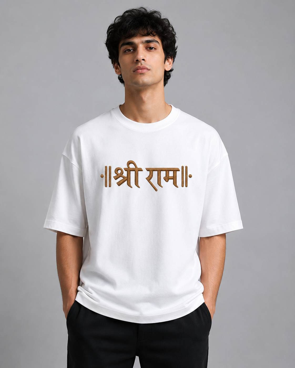 Shree Ram Embroidered Oversized T-Shirt | White