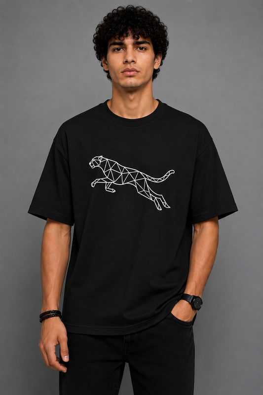 Geometric Cheetah Embroidered Oversized T-Shirt | Black