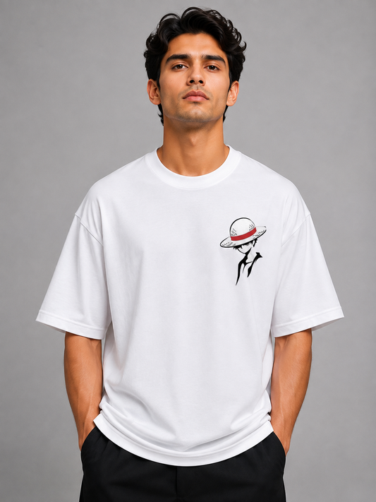 Straw Hat Boy Embroidered Oversized T-Shirt | White
