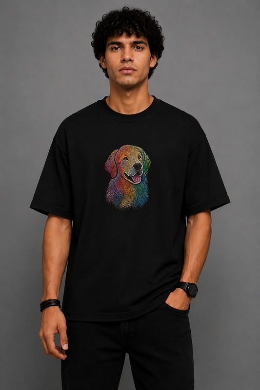 Rainbow Retriever Embroidered Oversized T-Shirt | Black