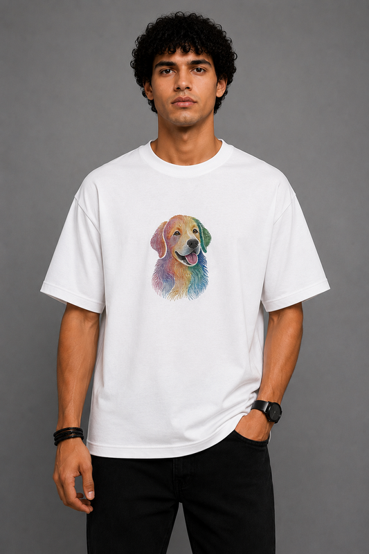 Rainbow Retriever Embroidered Oversized T-Shirt | White