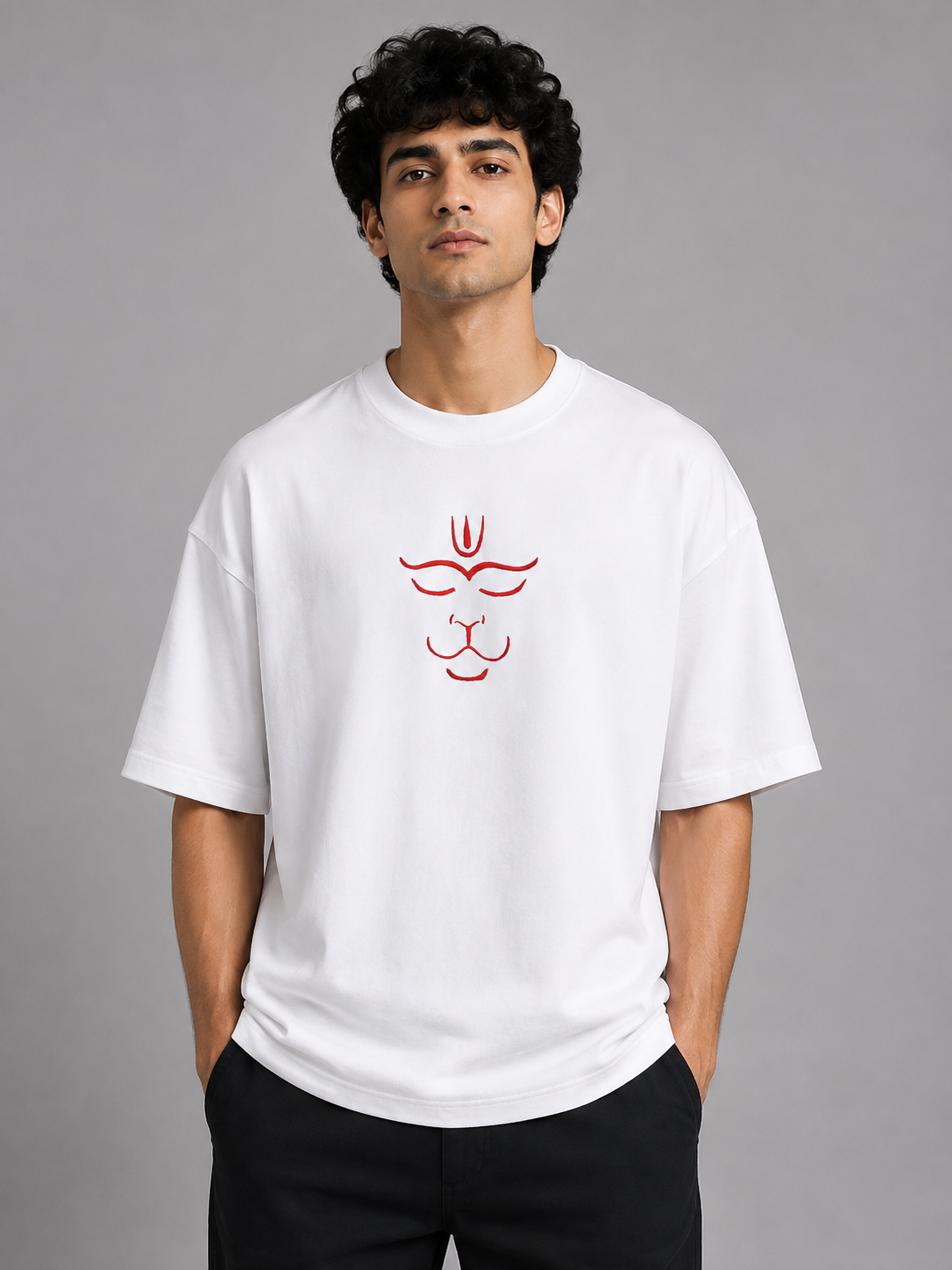 Hanuman Minimal Face Embroidered Oversized T-Shirt | White
