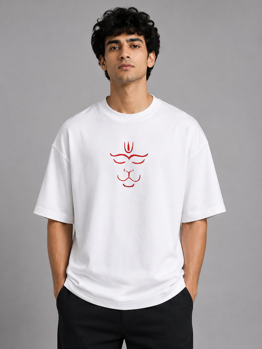 Hanuman Minimal Face Embroidered Oversized T-Shirt | White