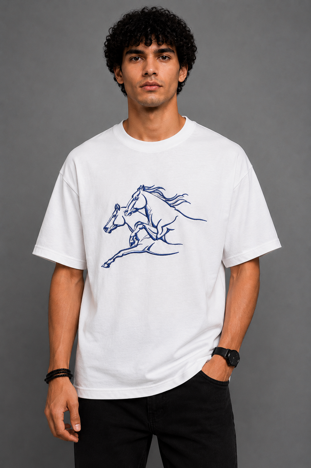 Running Horses Embroidered Oversized T-Shirt | White