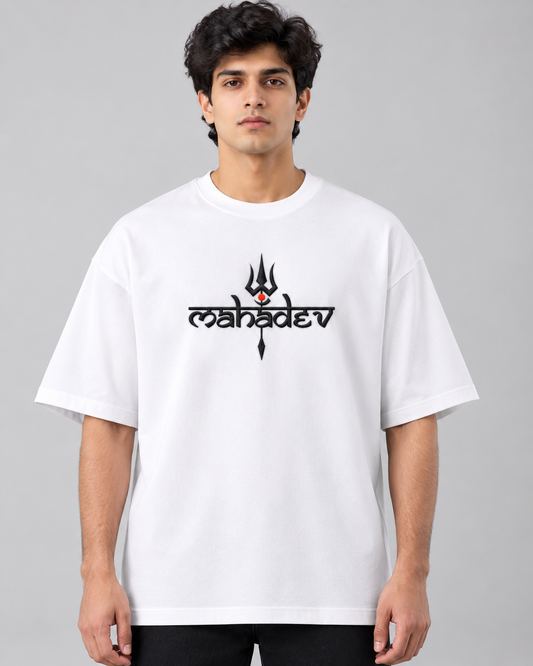 Mahadev Trishul Embroidered Oversized T-Shirt | White