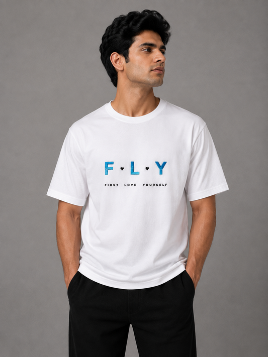 FLY First Love Yourself Embroidered Oversized T-Shirt | White