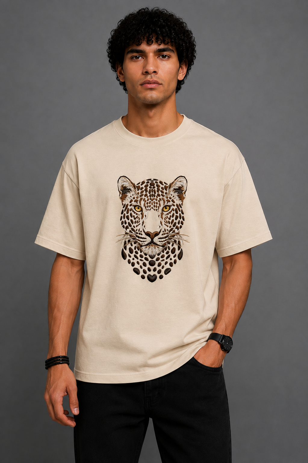 Leopard Portrait Embroidered Oversized T-Shirt | Beige