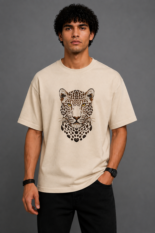 Leopard Portrait Embroidered Oversized T-Shirt | Beige