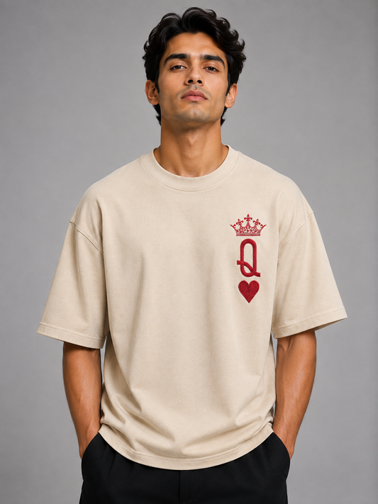 Queen of Hearts Embroidered Oversized T-Shirt | Beige