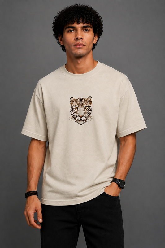 Leopard Face Chest Embroidered Oversized T-Shirt | Beige