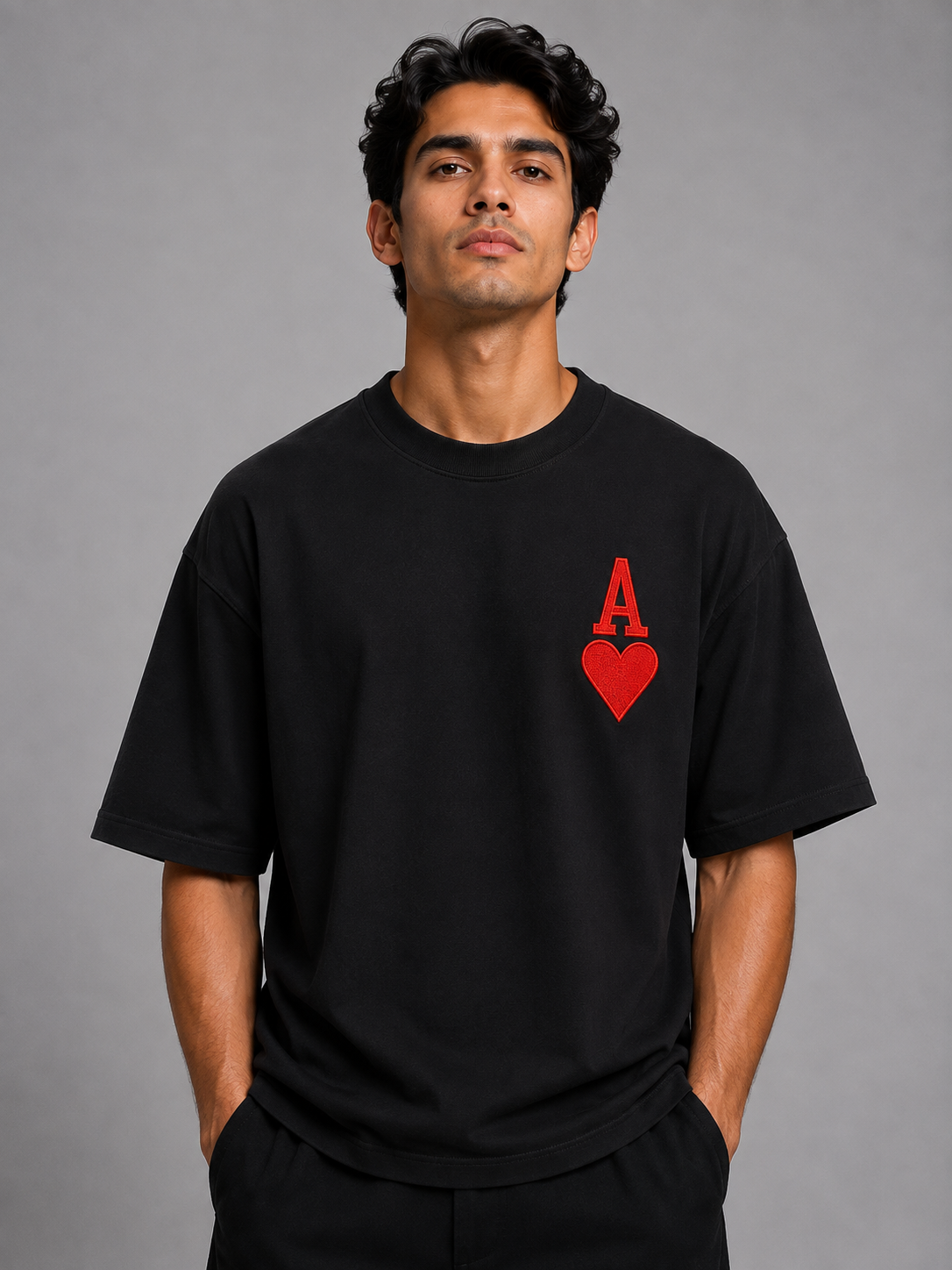 Ace of Hearts Embroidered Oversized T-Shirt | Black