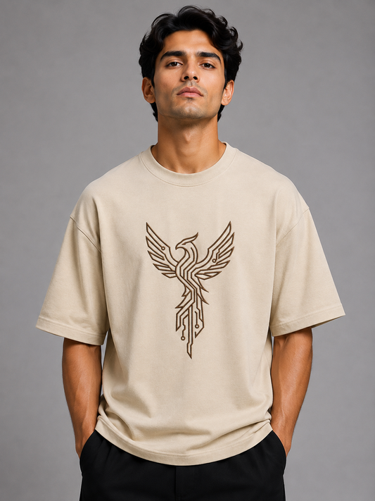 Circuit Phoenix Embroidered Oversized T-Shirt | Beige