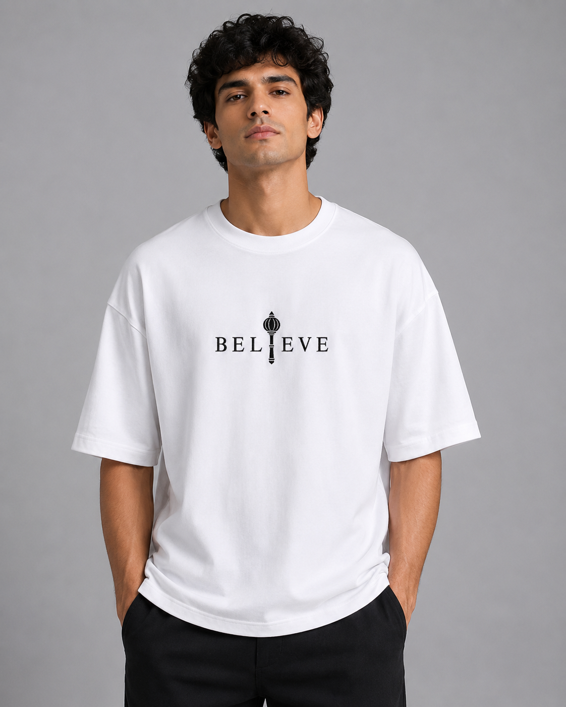 Believe Gada Embroidered Oversized T-Shirt | White