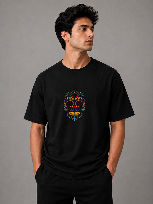 Sugar Skull Embroidered Oversized T-Shirt | Black