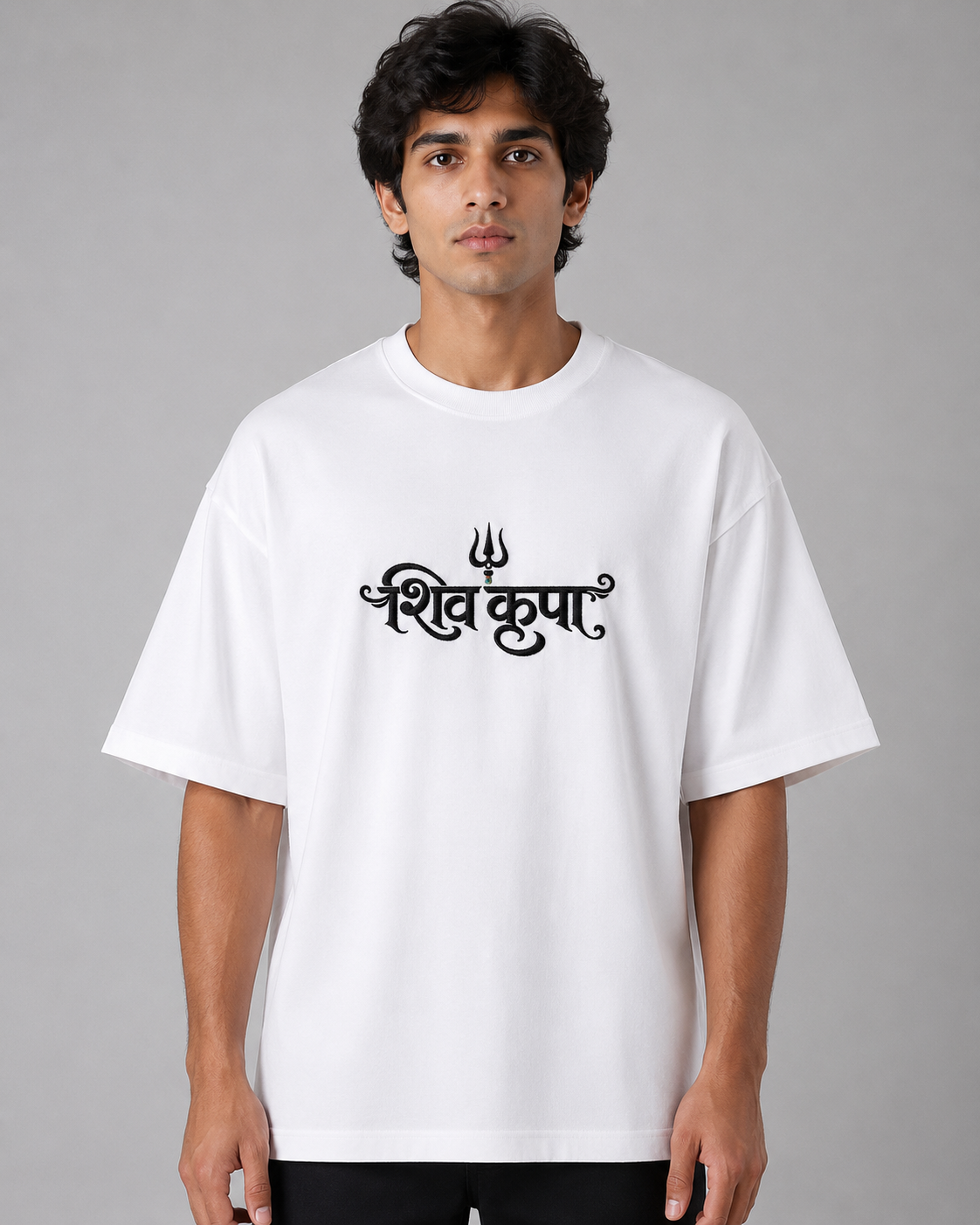Shiv Kripa Embroidered Oversized T-Shirt | White