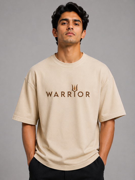 Warrior Trident Embroidered Oversized T-Shirt | Beige