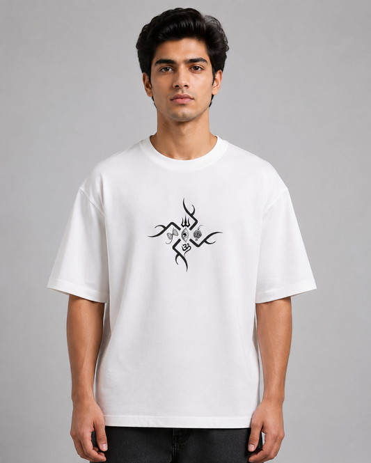 Trishul Tribal Emblem Embroidered Oversized T-Shirt | White
