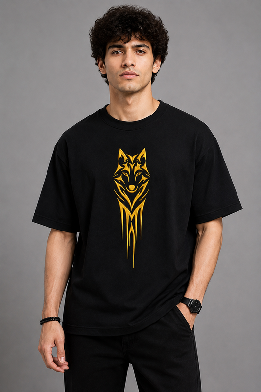 Golden Tribal Wolf Embroidered Oversized T-Shirt | Black