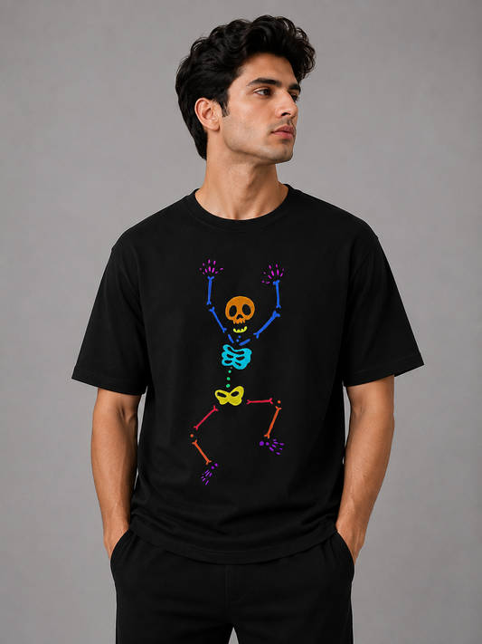 Dancing Skeleton Embroidered Oversized T-Shirt | Black