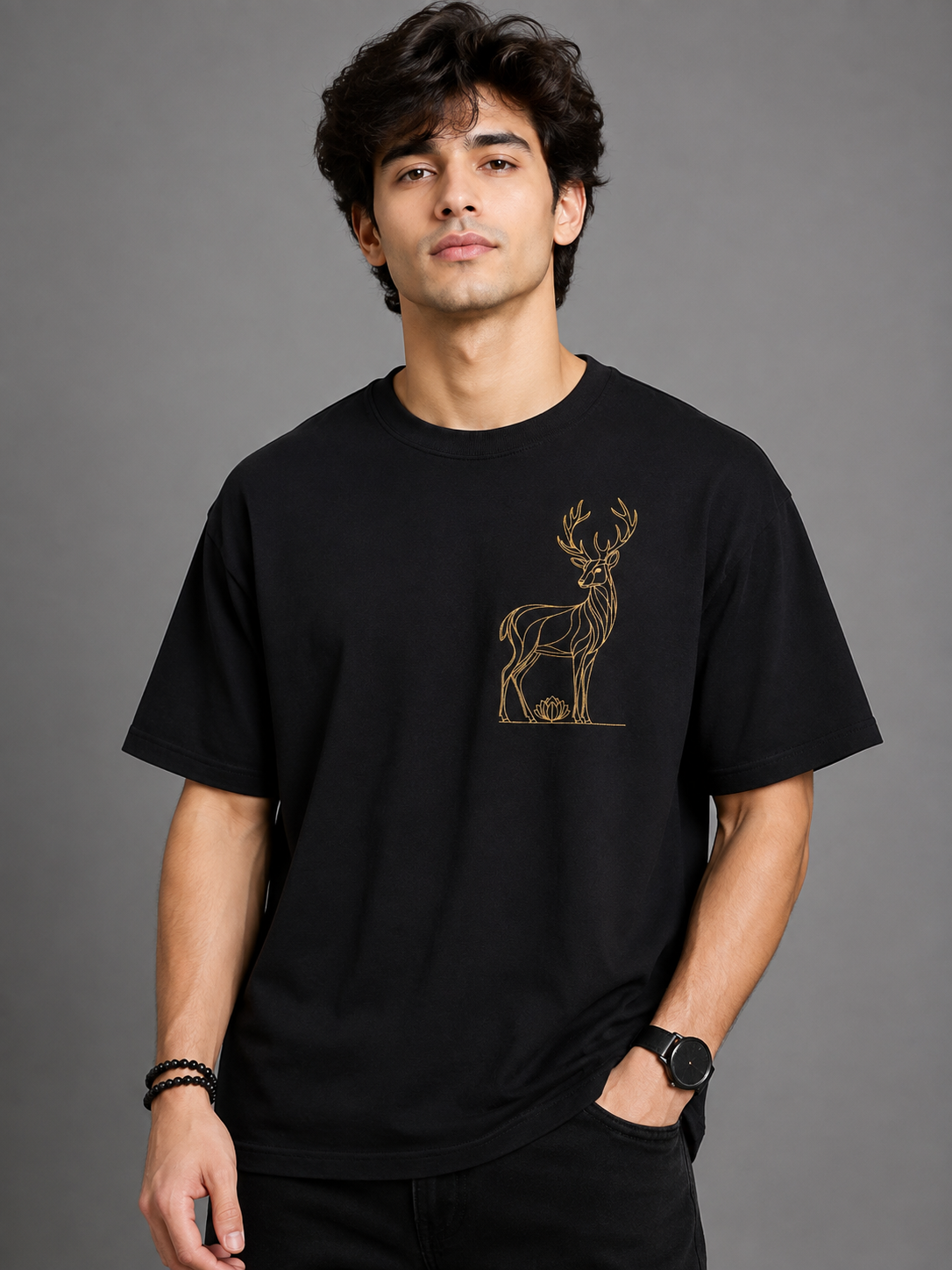 Deer & Lotus Embroidered Oversized T-Shirt | Black